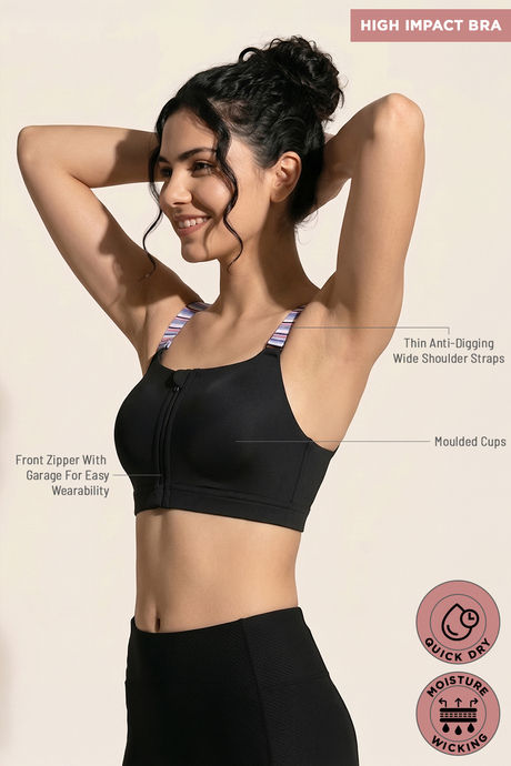 Zelocity High Impact Quick Dry Front Opening Multicolor Strap Sports Bra - Jet Black — image 8